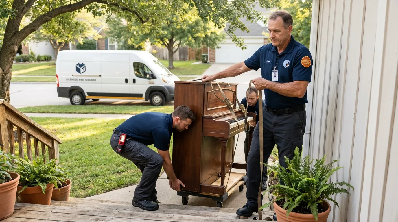 Licensed piano movers securing grand piano in Bristow, OK
